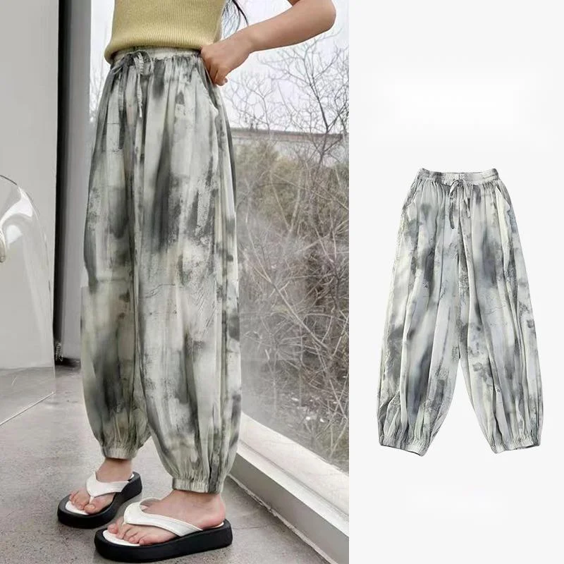 

Girl's Summer Thin Loose Casual Lantern Pants Big Boy Summer Colored Painted White Tie Dyed Ice Silk Pants Trendy