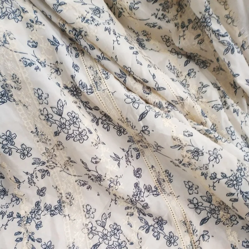 Vintage White Lace Embroidery Fabric Stripe Small Floral Print Shirt Dress Apparel Sewing Material DIY Handmade Soft Breathable