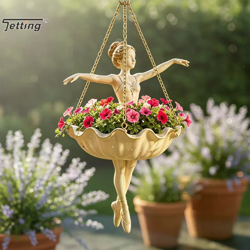 Resin Ballet Dancer Hanging Planter Elegant Ballerina Figure Hand Carved Fairy Flower Pot Whimsical UV Resistant