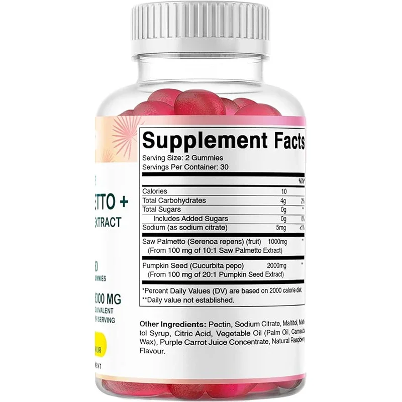 Sugar Free Saw Palmetto with Pumpkin Seed - 3000 mg Equivalent per Serving - Natural Raspberry Flavor - 60 Count