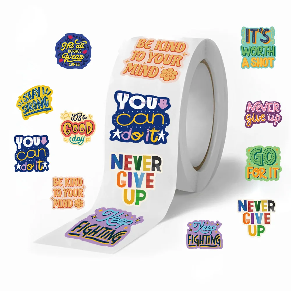 500pcs/Roll Cartoon Inspirational English Phrases Sealing Stickers DIY PVC Laptop Decals Decoration Stiker Reward Gift Toys