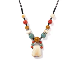 Handmade White Ceramic Axe Necklace Adjustable 40-80cm, Tribal Jewelry with Multicolor Beads & Antique Alloy 1132