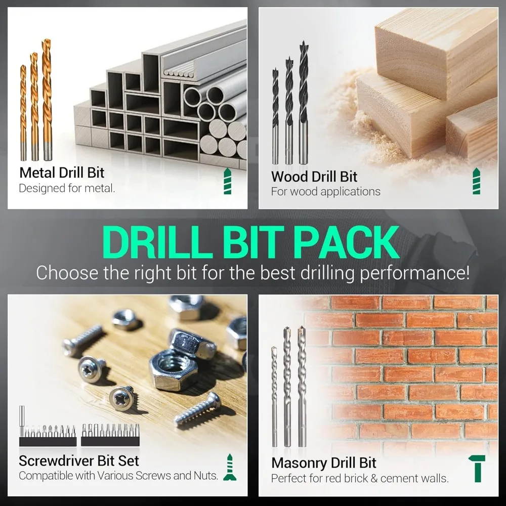 مجموعة مثقاب مطرقة لاسلكية 20 فولت، عزم دوران 354 رطل، ظرف بدون مفتاح 1/2 بوصة، 22500 IPM، سرعات متغيرة للخشب المعدني من الطوب
