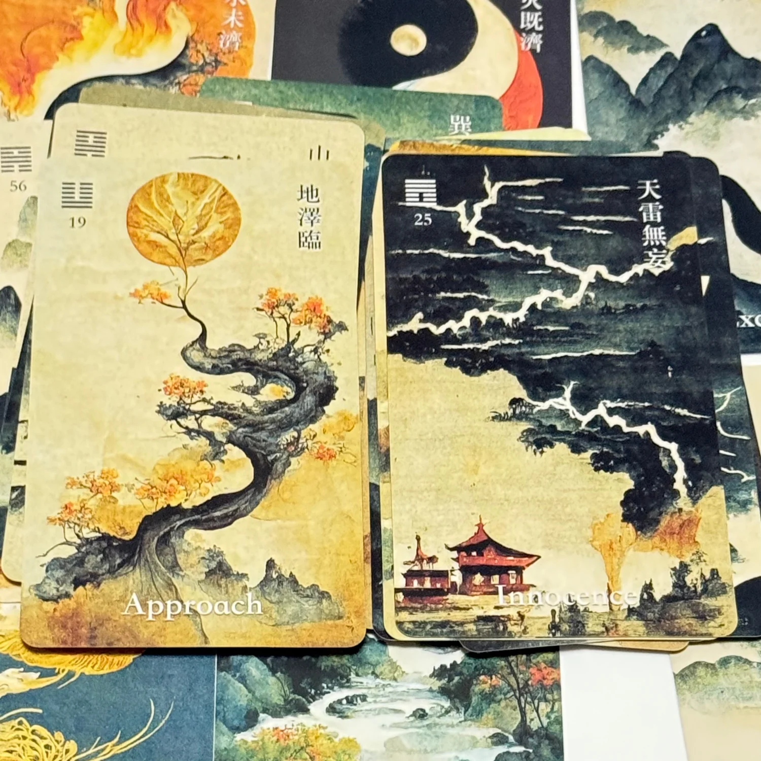 I-Ching Oracle Deck 64 Cards Traditional Ink Art Style Chinese Divination Tool for Spiritual Guidance and Meditation