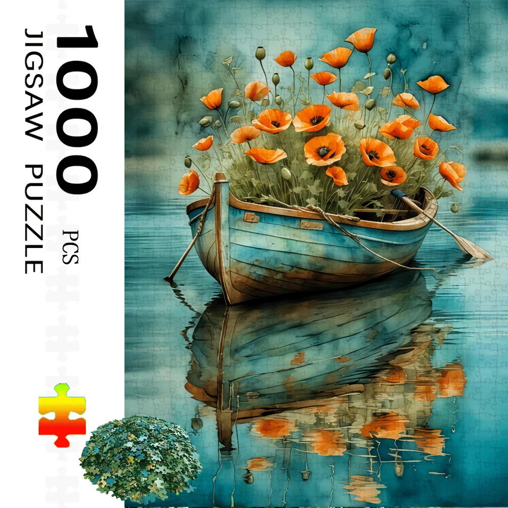 1000 stuks puzzel voor volwassenen - Serene landschap met boot en levendige oranje klaproos, grote papieren puzzel voor familiespel Nigh