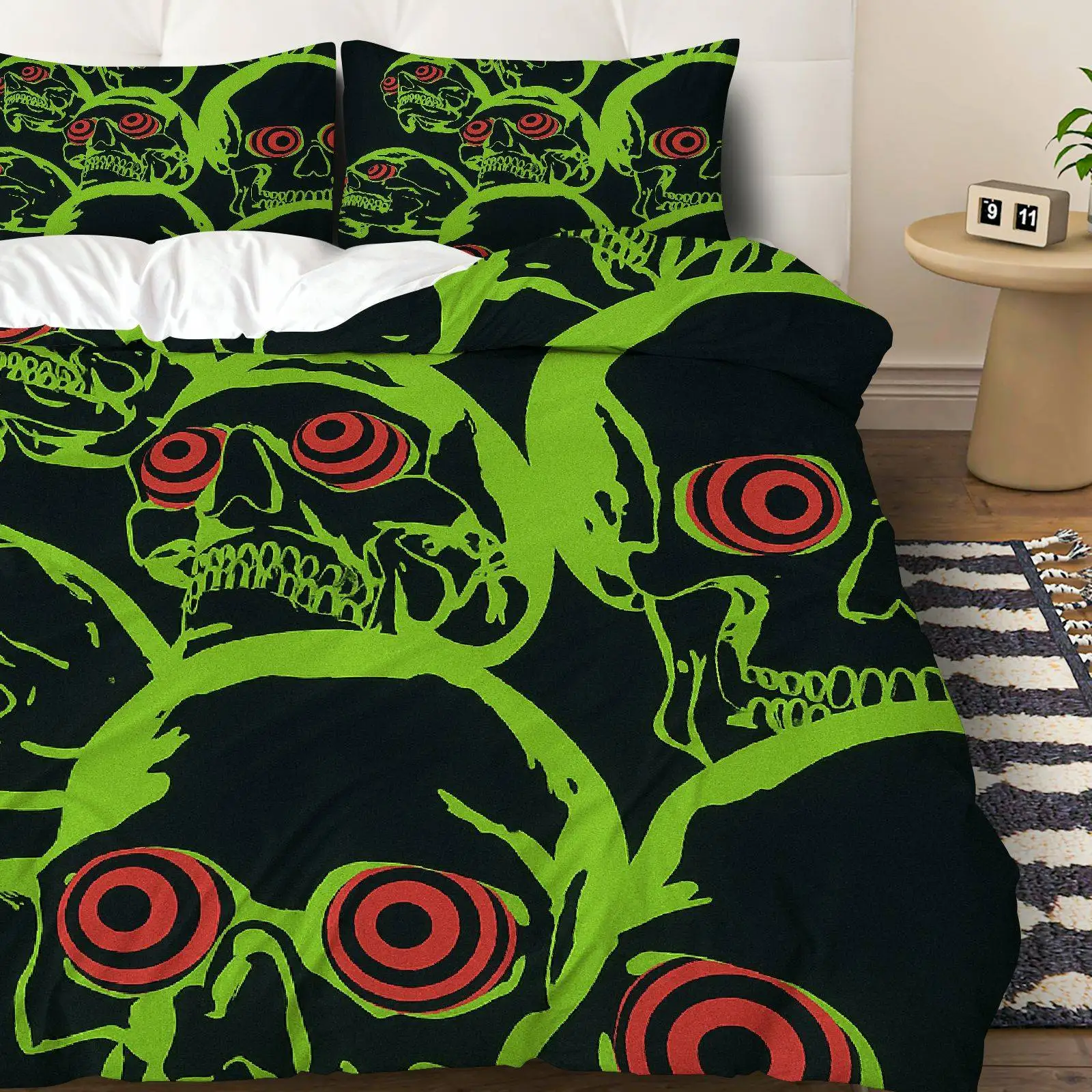 Customize 3pcs Bedding Including 1 Duvet Cover And 2 Pillowcases (Filler Not Included), Featuring a Spooky Skull Skeleton Design