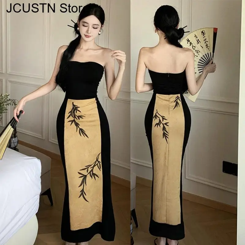 

Summer New Patchwork Printed Dress Long Cheongsam Vacation Beach Skirt Retro Print Chinese Style Slim Strapless Qipao