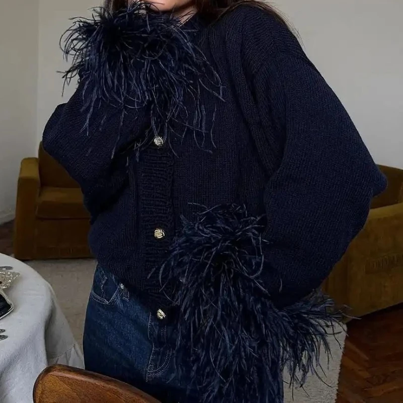 

Deeptown Vintage Tassel Knitted Cardigan Women Elegant Feather Patchwork Long Sleeve Sweaters Loose Korean Fashion Basic Casual