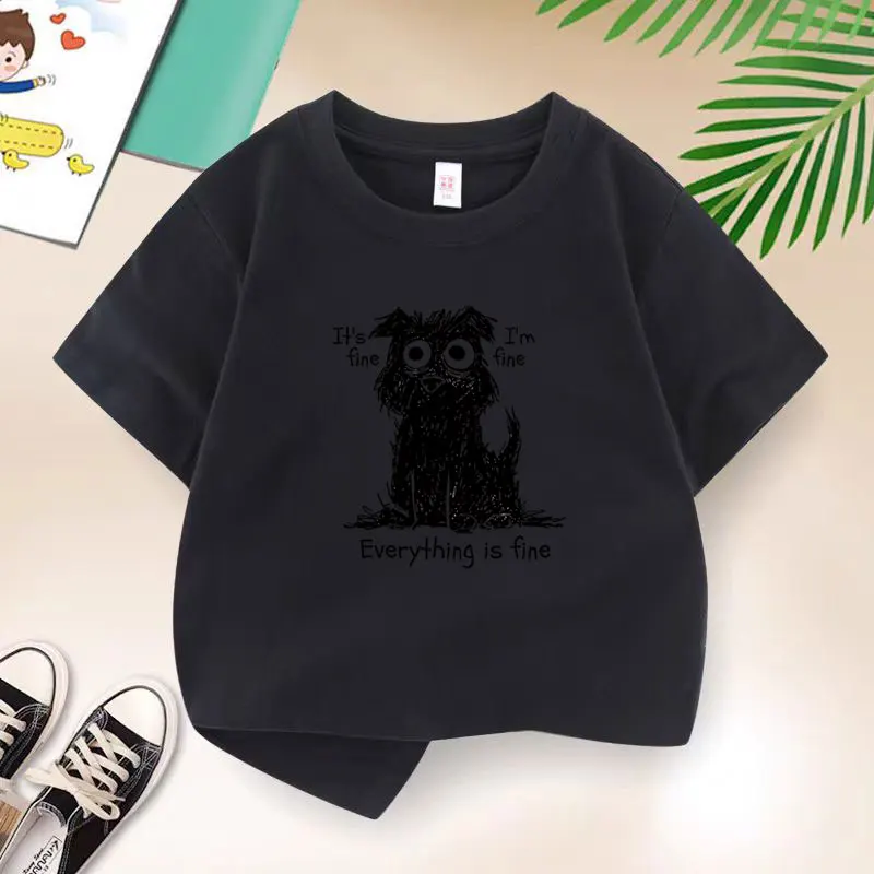 Black Dog I'm Fine Graphic Print Baby Boys T-shirt Cotton White Tops Tee 2026 Summer Cartoon Kids T Shirt Teen 6 8 10 12 Years