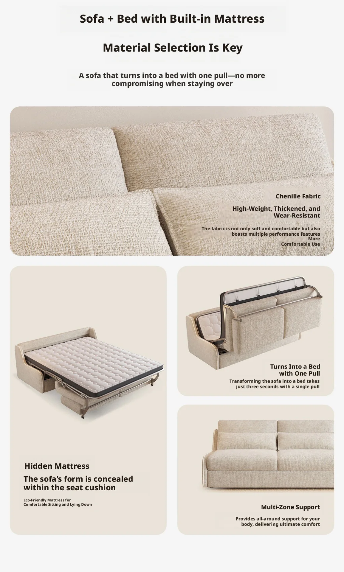 High-end Fabric Sofa Bed with Built-in Mattress for Small Sp