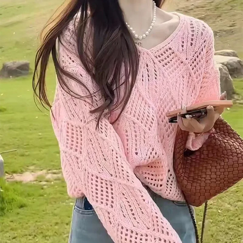 

2025 Korean Summer Design Loose Fitting Pullover V-neck Slimming Hollow Out Versatile Sun Protection Knitted Sweater