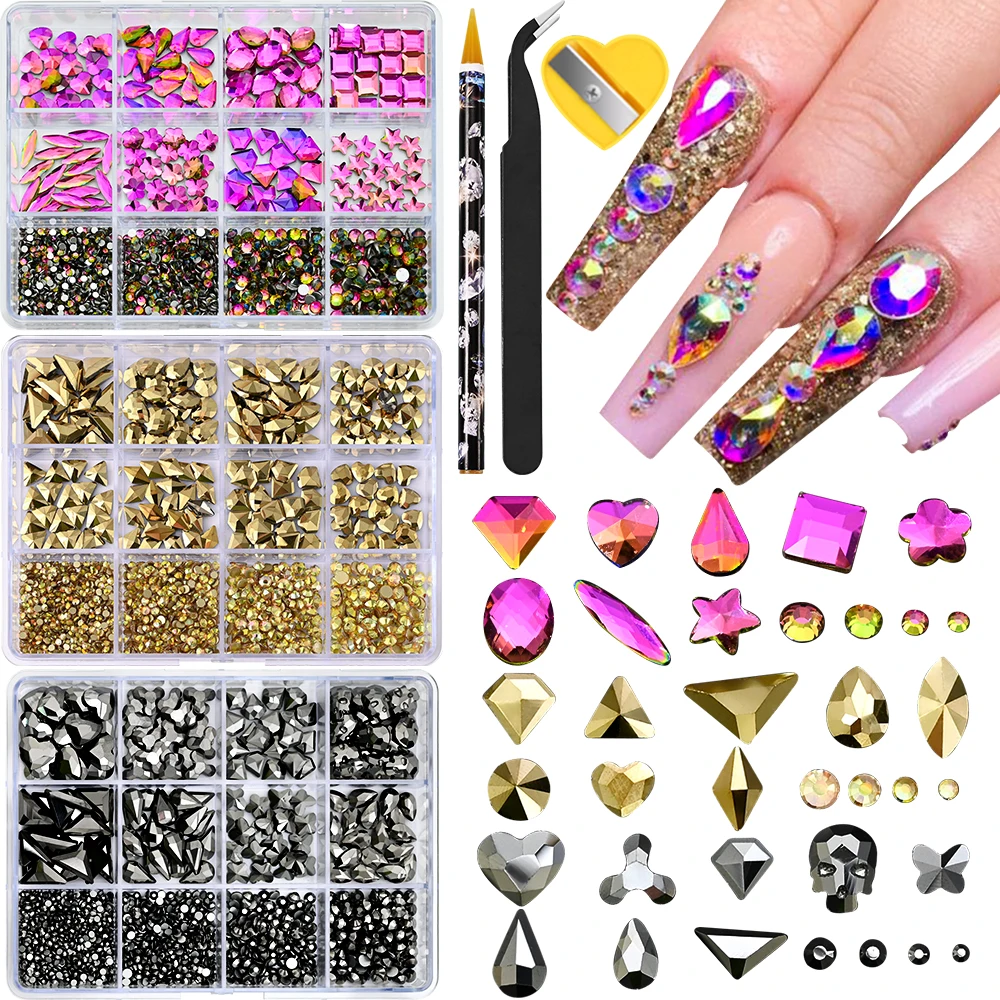12 Grids Shiny Gold Glass Nail Rhinestones Set Multi Shapes Flatback Gems Crystal 1500Pcs+ Manicure Diomand Gemstones 1mm-8mm