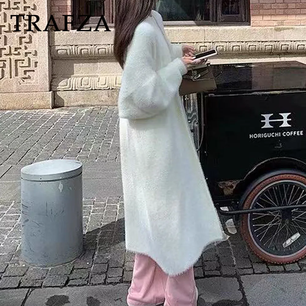 

TRAFZA Chic Casual Elegant 2025 Mohair Vintage Women Sweaters V-Neck Loose Open Stitch Streetwear Chic Loose Long Mujer Knitwear