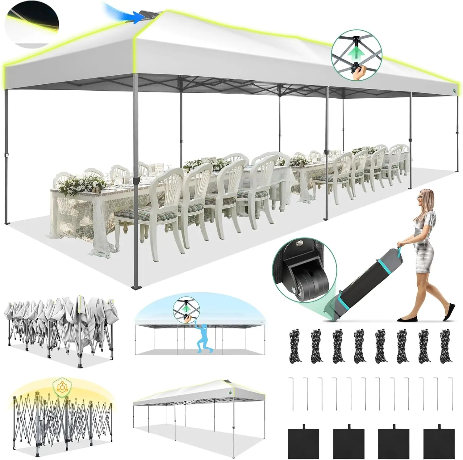 

COBIZI 10x30 Pop Up Canopy, One Push Setup Glow Party Tent for Commercial, Wedding with 3 Adjustable Height, Outdoor Gazebo