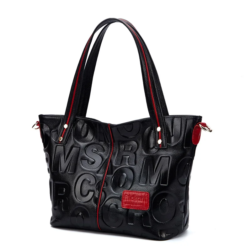 Aidrani Fashion letter women\'s handbag, made of cowhide material, black, large capacity