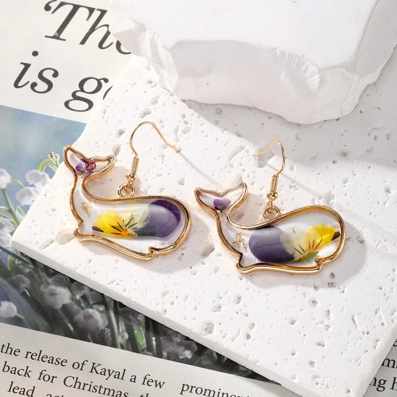 Boucles d'oreilles à fleurs pressées, série animale mignonne, résine époxy transparente, fleur naturelle, bijoux uniques en plante naturelle, vente en gros