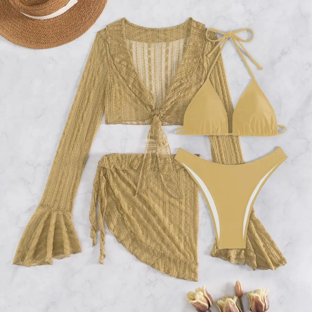 Women Fashion Bikini Set Solid Color Mesh Long Sleeve Cover Up Split Swimwear Summer Beach Holiday Bathing Suit Outfit