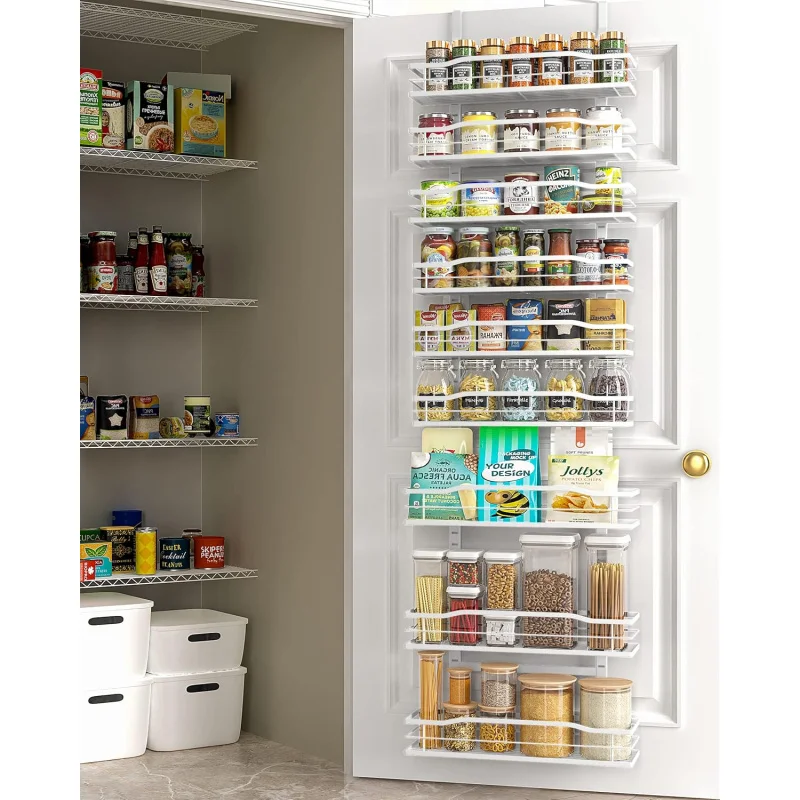 White 9-Tier Over The Door Pantry Organizer, Pantry Organization And Storage, Metal Hanging Spice Rack Shelves Door,