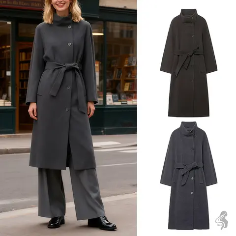 2-Piece Women's Long Trench Coat Set - Dark Grey & Black, Stand Collar with Waist Belt, Button-Up Wool Blend Outerwear