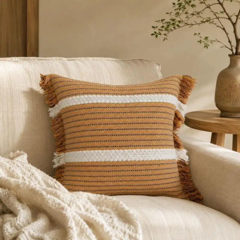 Boho Weave Fransen-Sofakissenbezug Cojines Kontrastierende Textur Fransenstreifen Kissenhülle Deko Zuhause 45x45cm – Detail 10