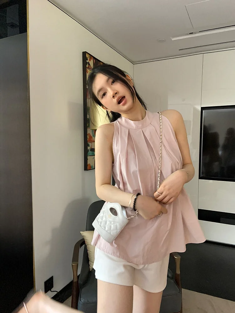 

Sweet Grey New Pink Vest Shorts Set Casual Outerwear Top Women's Two-piece Set Comfortable round Neckline Cotton Material
