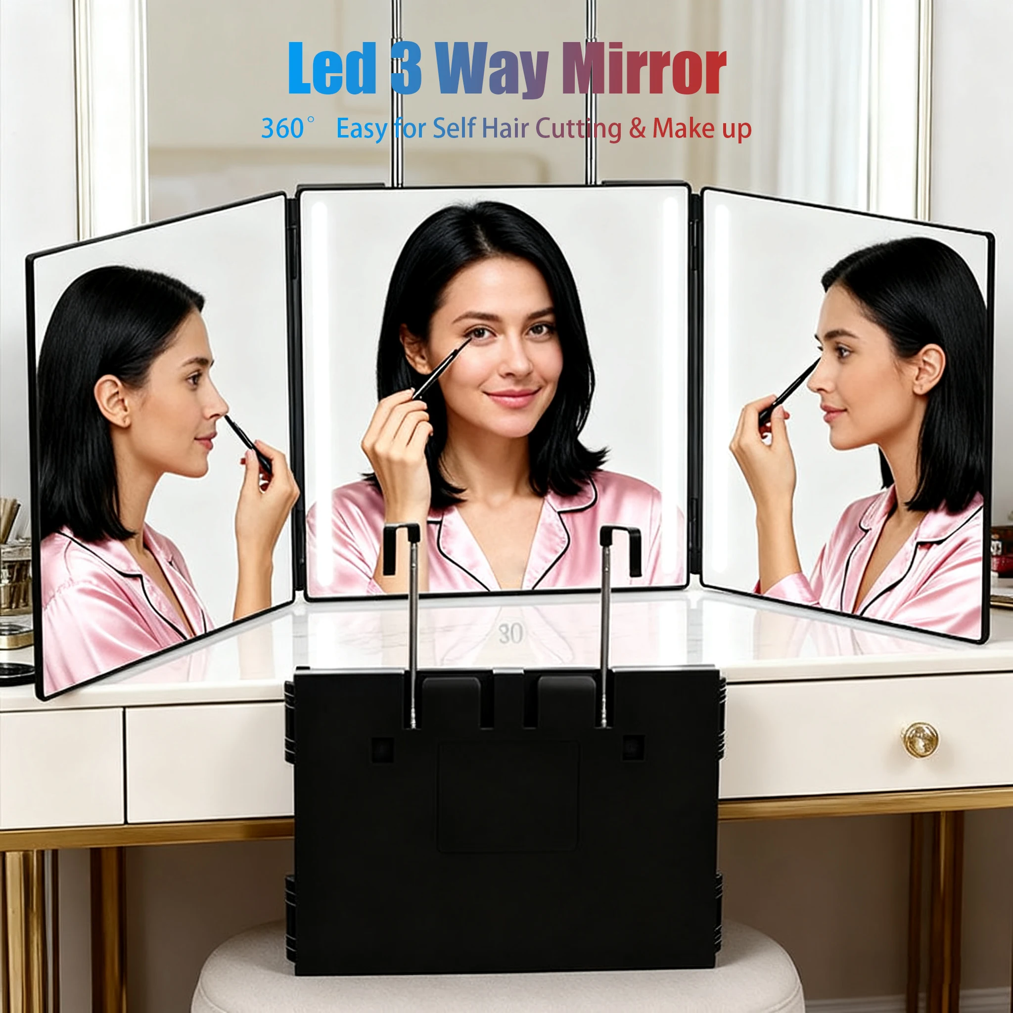 Smart Adjustable 3-Way Hair Mirror - Rechargeable LED Lighting, Height Customizable, 360° Folding Design for Versatile Use