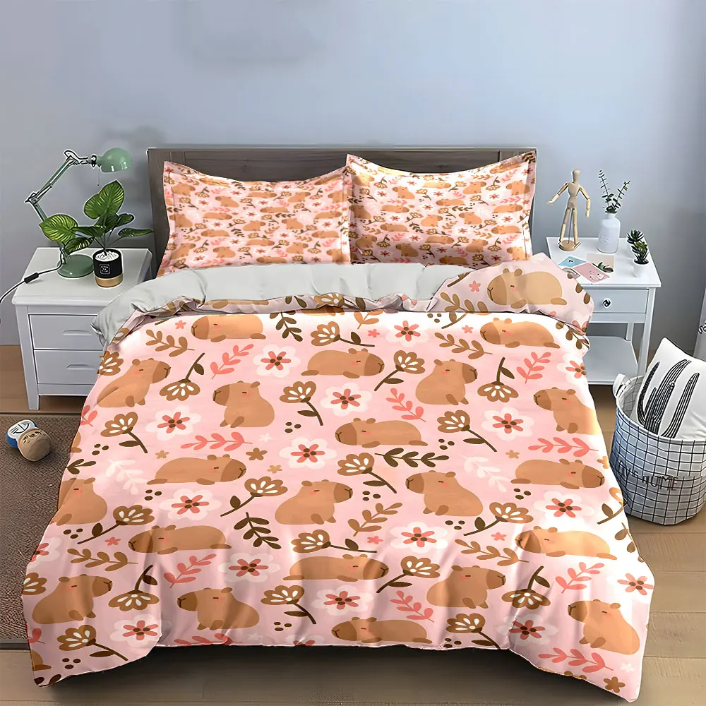 Cute Capybara Floral Three-Piece Set Multiple sizes kid's and adults' bedroom Exquisite 3PC bedding set, gift