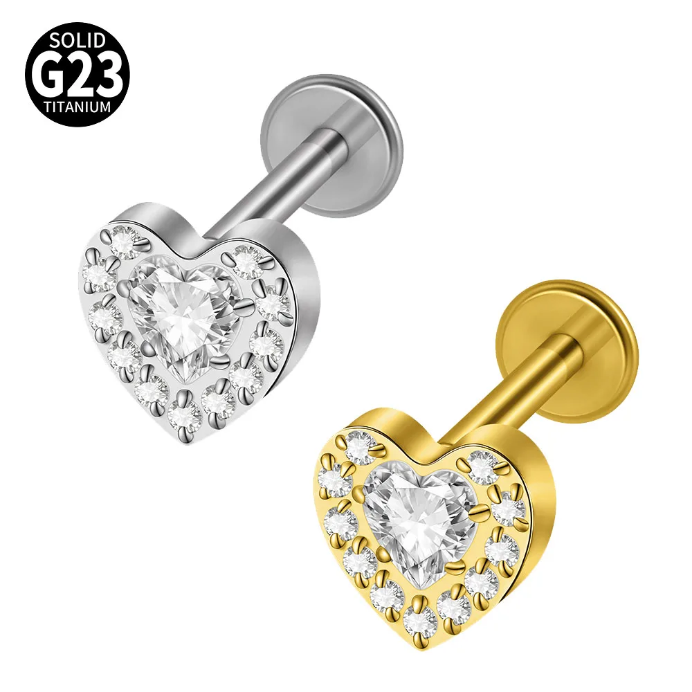16G G23 Titanium Halo Heart Prong‑set Zircon Internal Thread Piercing Jewelry Labret Lip Tragus Helix Conch Ear Stud Jewelry