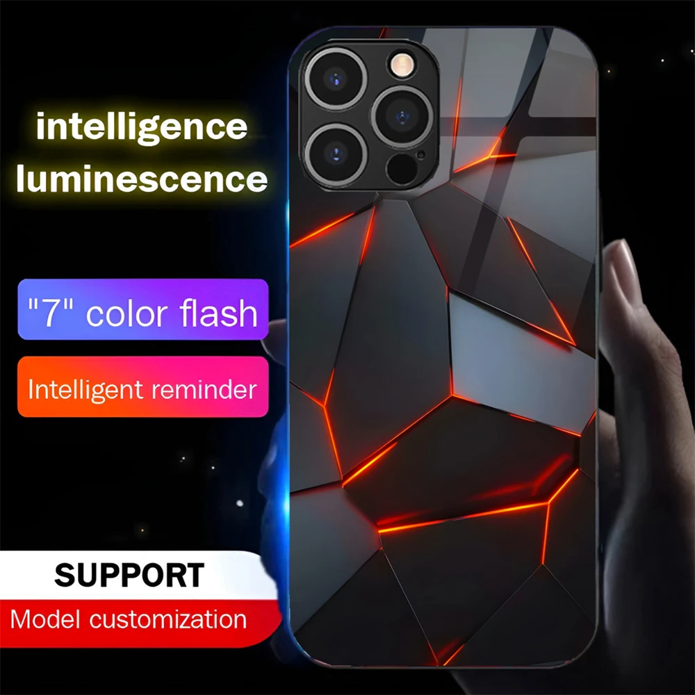 

Luxury Rhombus LED Music Flash Phone Back Cover Glowing Glass Case For iPhone 11 12 13 14 15 16 E Pro Max Plus SE2020