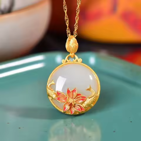 fish-shaped lotus flower natural Hetian jade pendant Chinese style ancient gold craft round necklace jewelry for women