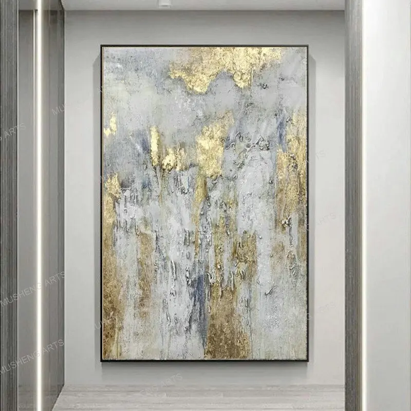 Pure Handmade Technique Gold Foil Oil Painting Abstract Glitter Large Wall Art on Canvas for Living Room Hallway Decoration