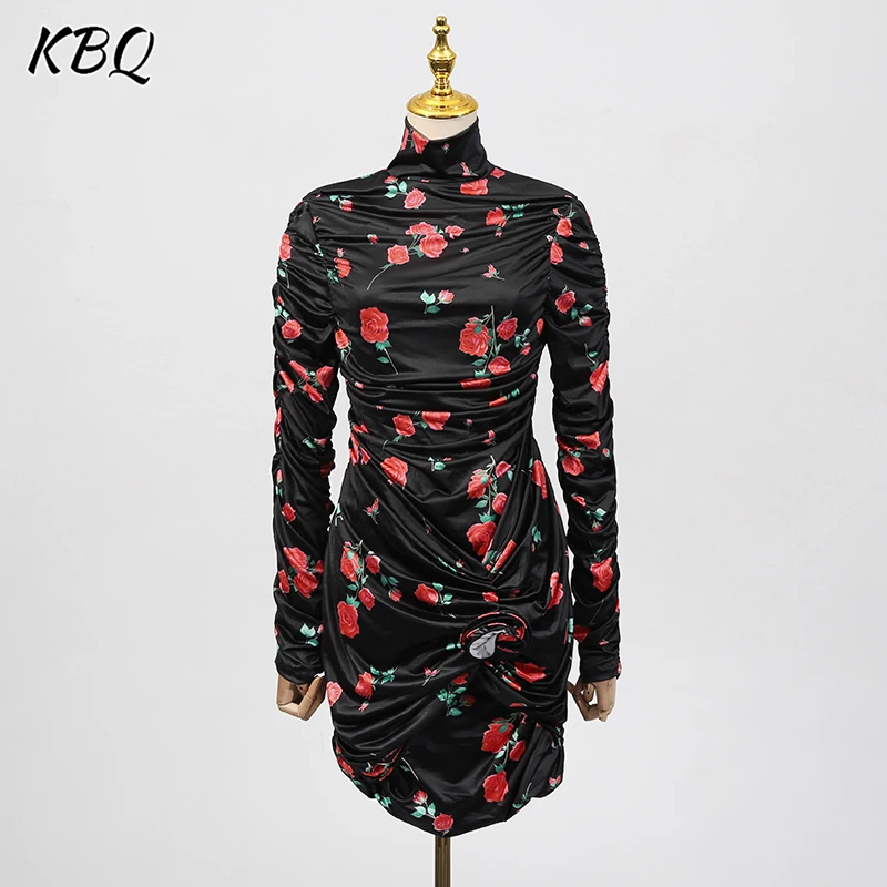 

KBQ Hit Color Printing Slimming Elegant Dresses for Women O Neck Long Sleeve High Waist Temperament Dress Female Fashion Style