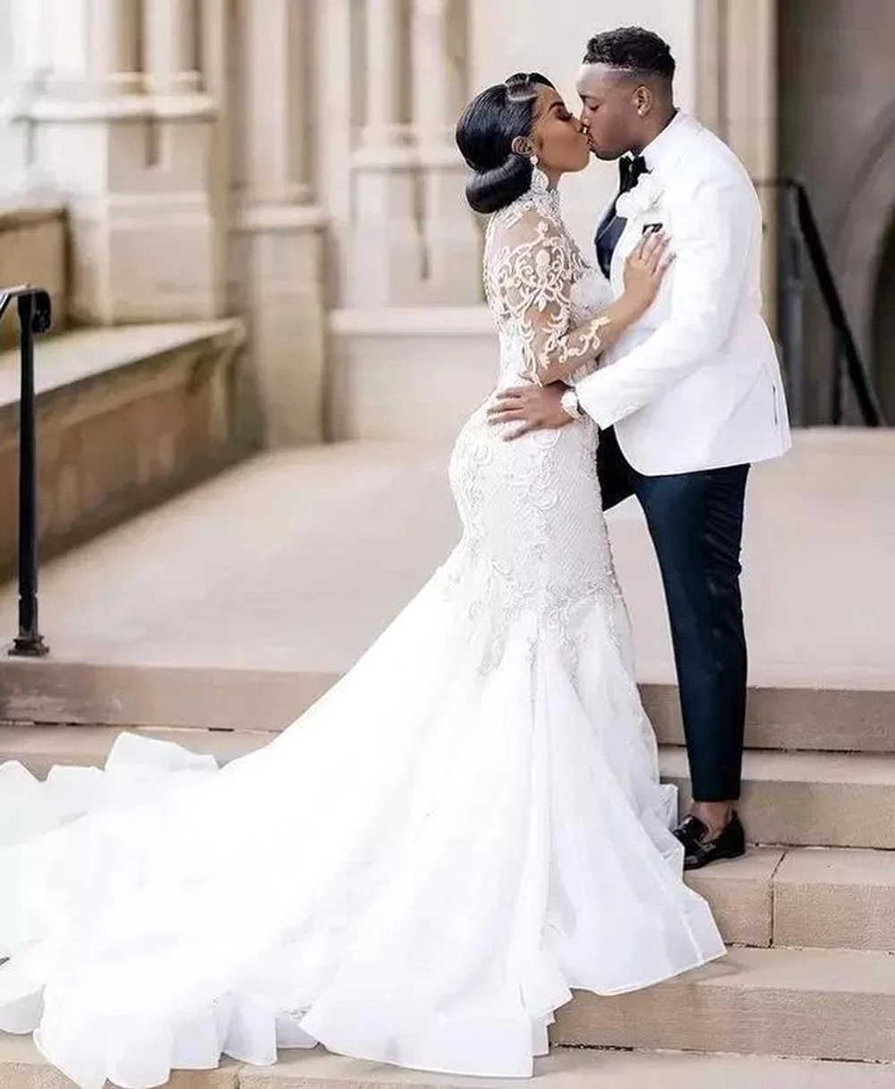 Vestido de casamento sereia africano, mangas compridas, apliques de renda, cristal de luxo, vestido de noiva, ilusão de tule, feito sob encomenda