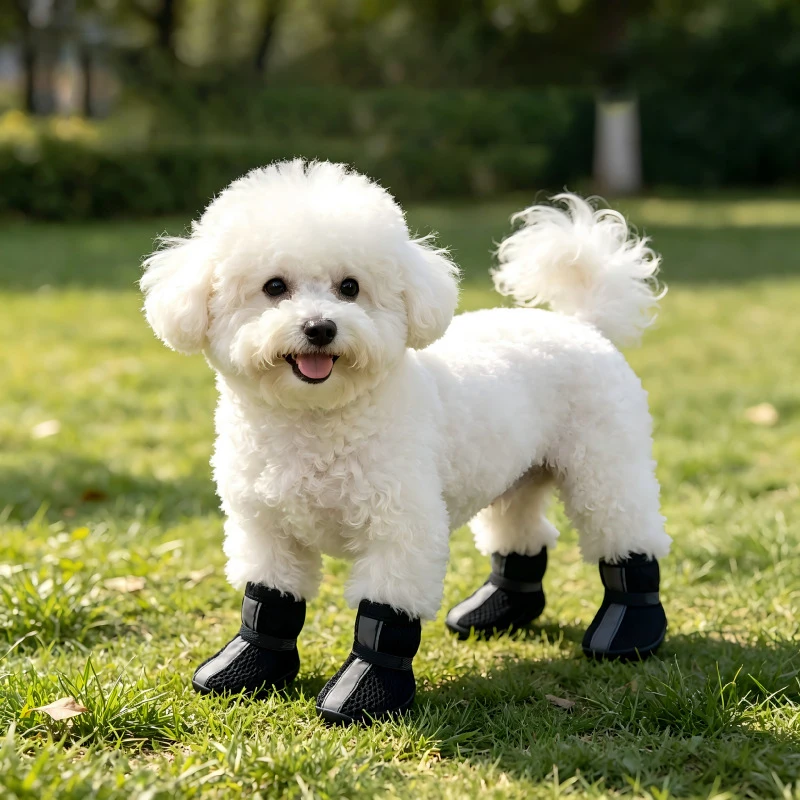 4 Stück/Set Rutschfeste Netz-Hundeschuhe Atmungsaktive Verschleißfeste Haustier-Stiefel mit Reflektorstreifen und Klettverschluss Pfotenschutz – Detail 3