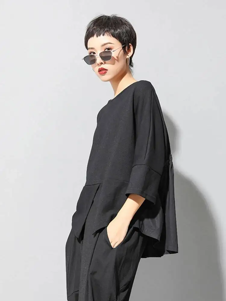 Back Women Black Ruffles Big Size Casual T-shirt New Round Neck Three-quarter Sleeve Fashion Spring Autumn 2026 Q4TS