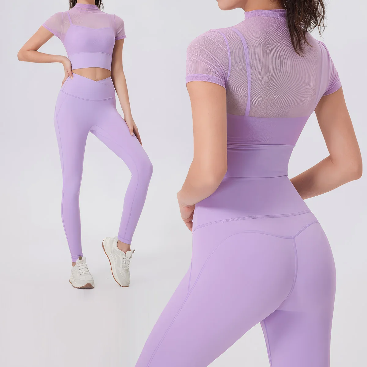 Yoga Set 2 Pieces Fitness Clothes Sexy Mesh Short Sleeve Top Buttery Soft Leggings Gym Suit Outdoor Running Sportswear Workout