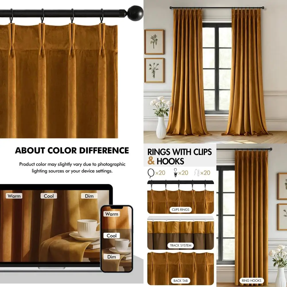 

96 штор из вельветовой ткани с плиссировкой, светонепроницаемые, с золотисто-коричневыми складками, термоизолирующие, для гостиной и спальни (комплект из 2 шт.)