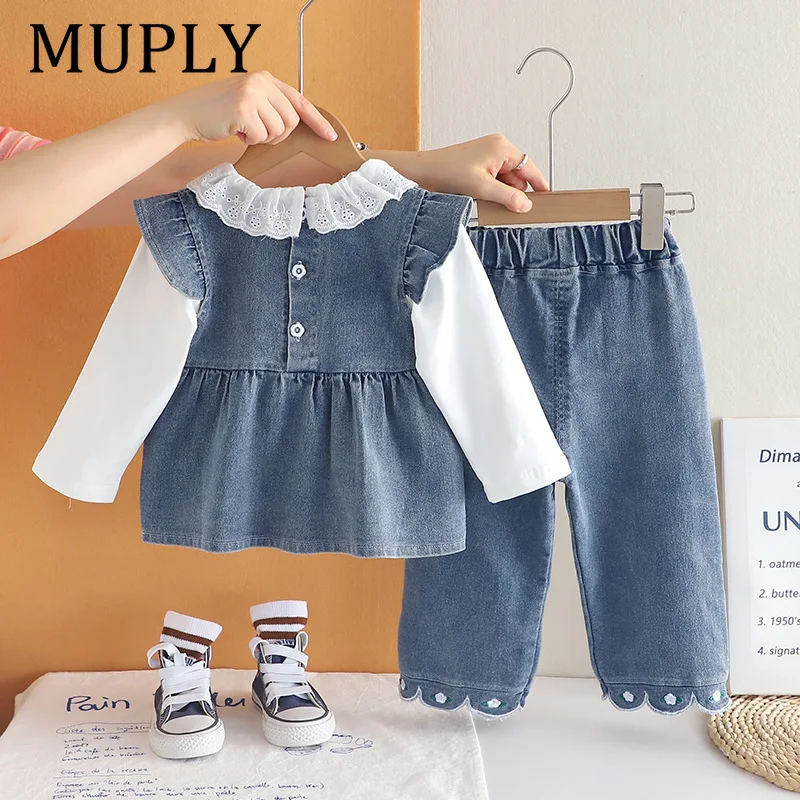 Girls Denim Clothes Sets Spring Autumn Children Cute Dress Vest Shirts Pants 3pcs Princess Suit For Baby Outfits Kids 3 4 5Y Set