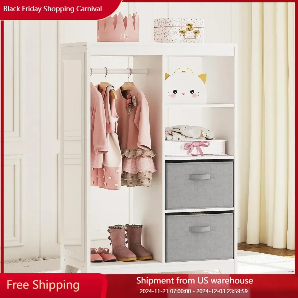 Kids Dress Up Storage with Full Length Mirror, Kids Armoire with 2 Storage Bins,Opening Hanging Costume Closet Wardrobe for Kids