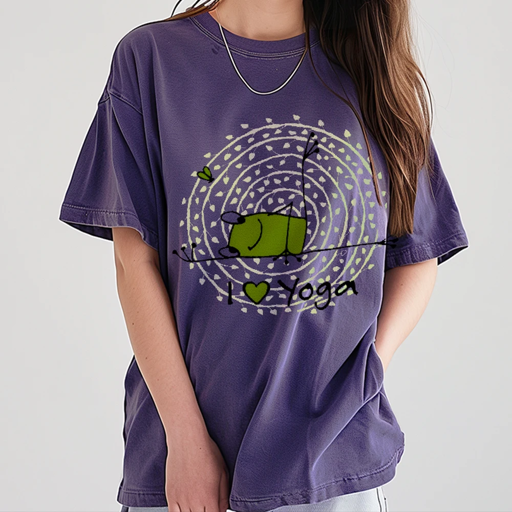 

Cute Cartoon Frog Relax I Love Yoga Y2K Women‘s Clothes Cotton Casual T-Shirt Crew Neck Graphic Colorful Tees Street Wear