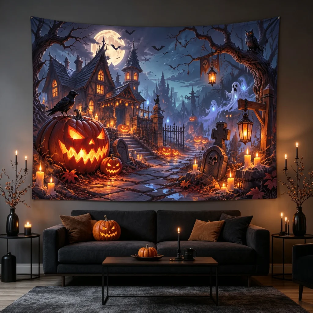 1PC Pumpkin Haunted House Ghost Crow Print Backdrop Banner, Bedroom Photo Background, Polyester, Halloween Party Decoration