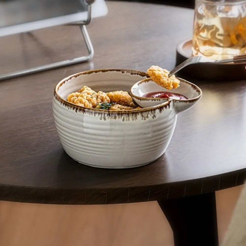 Japanese Style Single Ear Dipping Bowl Vintage Ceramic Divided Snack Bowl Creative Compartment Serving Bowl Home Dining