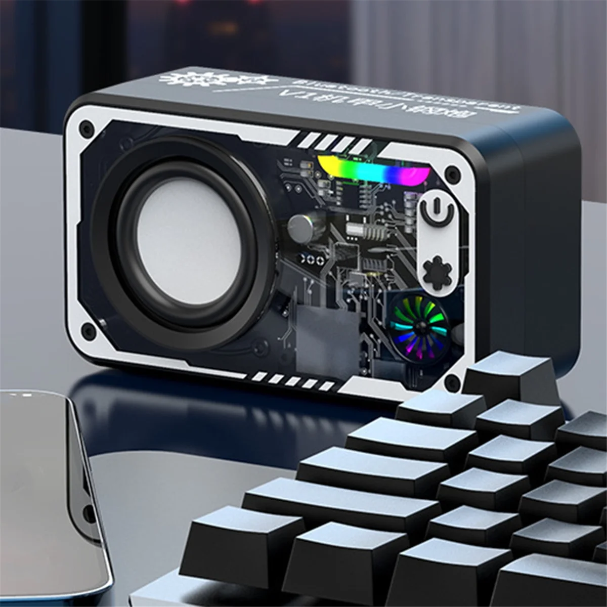 مكبر صوت صغير ذكي محمول متوافق مع بلوتوث 5.3 مع ضوء LED ملون شفاف Mecha Type-C شحن B