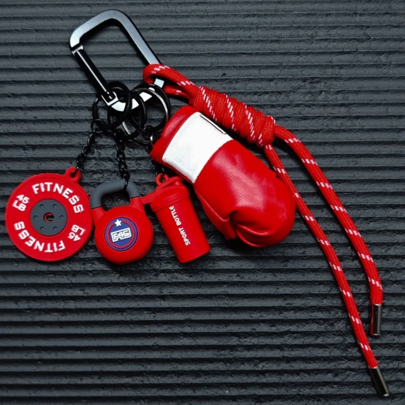 Neue Leder Boxhandschuhe Schlüsselanhänger Set Mini Fitness Kettlebell Langhantelplatten Schlüsselanhänger Luxus Taschenanhänger für Sportbegeisterte – Detail 4