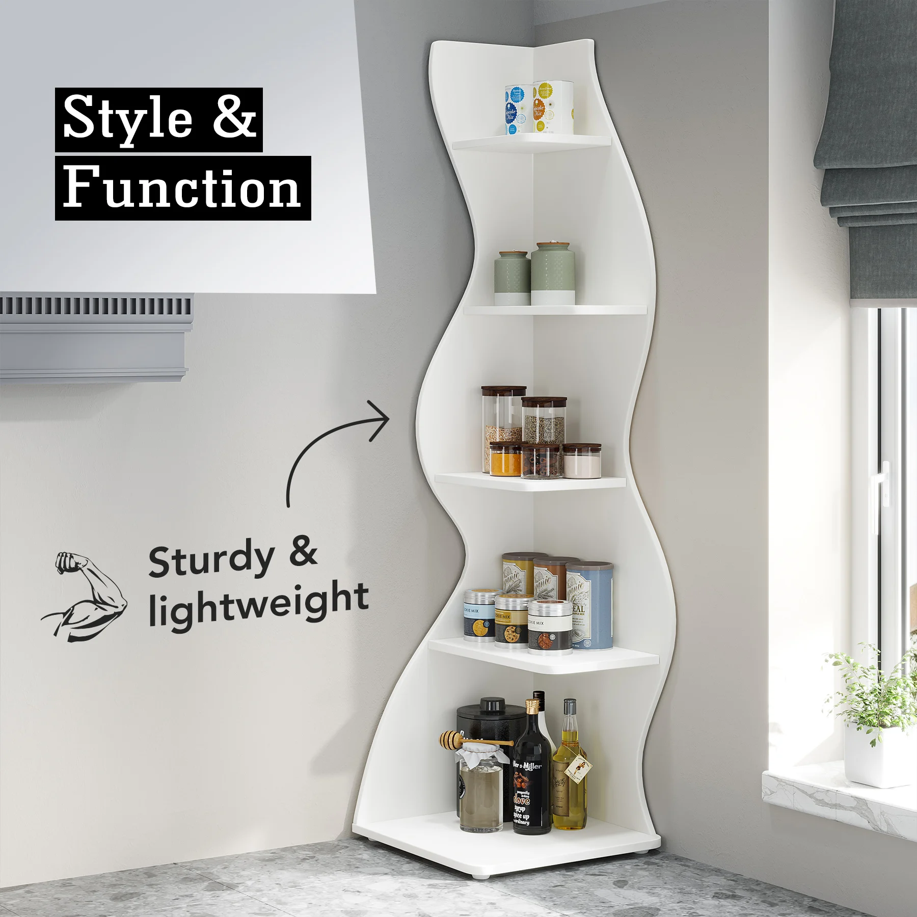 Tribesigns Corner Shelf, Modern 5-Tier Wall Corner Bookshelf, Stylish Corner Small Bookcase Storage Rack Plant Stand