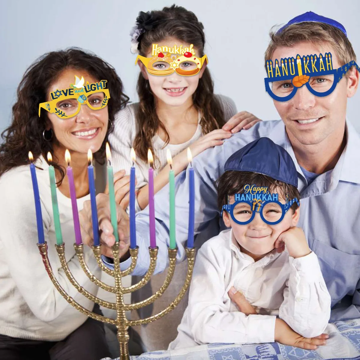 Jewish Hanukkah themed party decoration glasses Happy Hanukkah hexagonal star candlestick gyro Hanukkah glasses photography prop