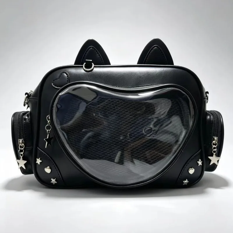 Pink Black Women's Backpack Cat's Ears Shape Transparent Front Bag Rivet Waterproof Girl Mechanical Cat Double Y2K Shoulder Bag