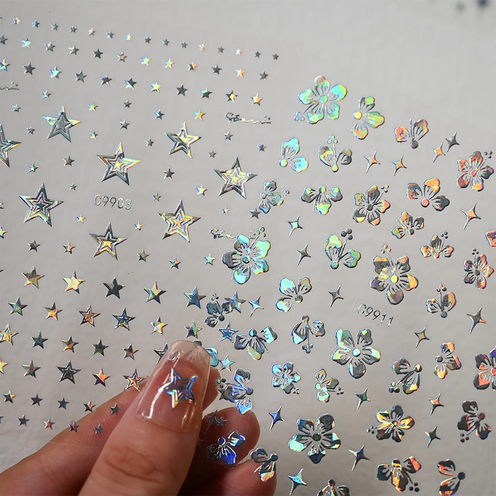 12Pcs Laser Holographic 999+ Models Nail Stickers 3D Y2K Star Letter Flower Adhesive Decals Gradient Colorful Nails Slider Decor