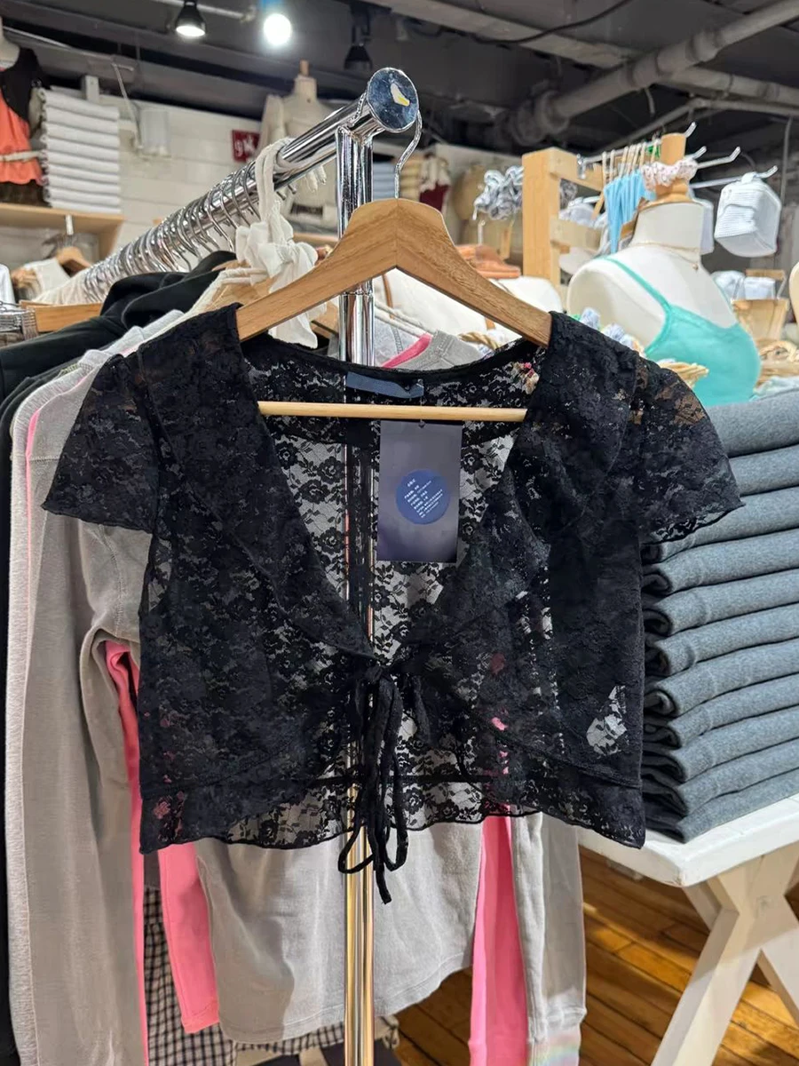Floral Lace Crop Tops Woman Summer Lace-up V-neck Short Sleeve Cropped Smock Casual Preppy Style Sweet See Through T-shirts New
