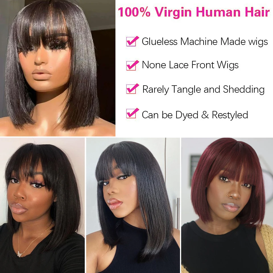 Straight Bob 100% Human Hair Wigs With Bangs For Women Full Machine Made Wigs Brazilian Remy Short Human Hair Bob Wig Fringe Wig